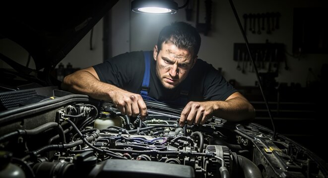 Dirty car mechanic repairing an engine in a workshop. Focused male technician working on vehicle maintenance with a tool under a light - Powered by Adobe