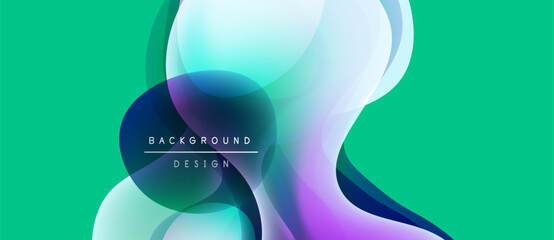 Abstract fluid shapes overlap, creating vibrant color gradients. Turquoise background complements purple, blue hues. Modern design element.