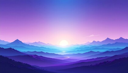 A serene landscape features layered mountains, a vibrant sunset, and a tranquil river valley, painted in shades of purple and blue