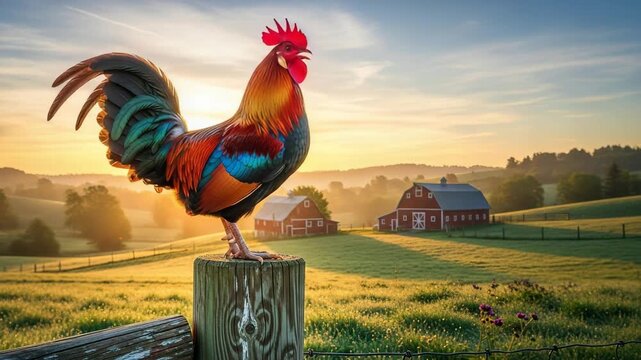 Majestic rooster crowing at sunrise on a peaceful farm