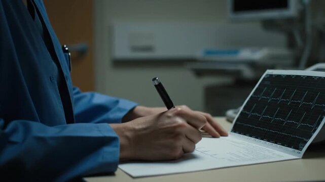 A medical professional in blue scrubs reviews an ECG printout showing heart waveforms, meticulously taking notes or making calculations with a pen in a dimly lit hospital room.
