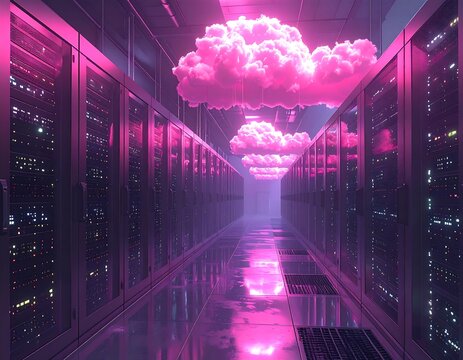 A brightly lit server room with illuminated pink clouds floating above racks