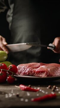 Vertical slow motion video artistic scene chef sharpening knife behind fresh raw beef meat on table spices and chili pepper cinematic light moody background food art professional cooking concept