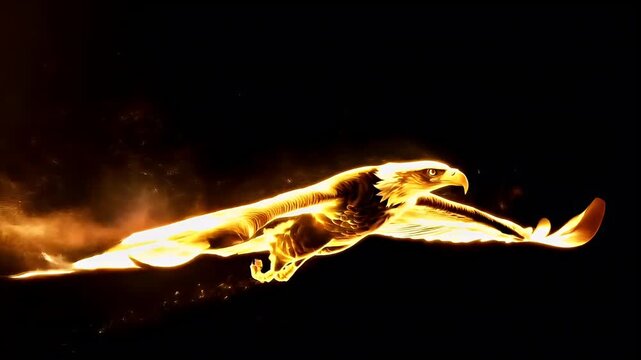 fire eagle in flight with its wings spread wide, captured in a dynamic pose against a dark backdrop. The eagles feathers are illuminated with a warm, golden hue.