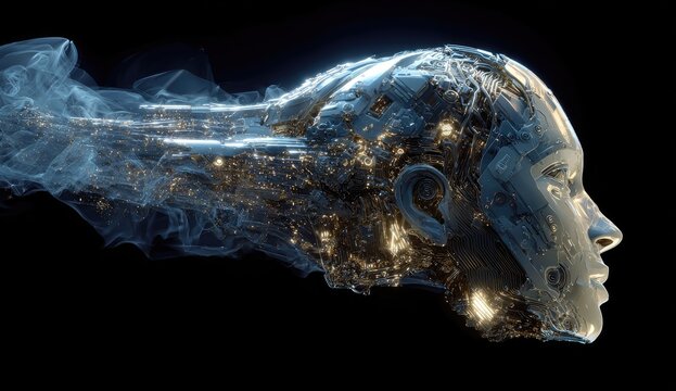 A futuristic cyborg head profile, blending organic face with intricate mechanical components