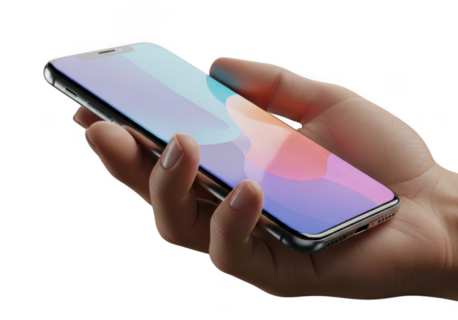 Modern smartphone held in hand isolated on transparent background