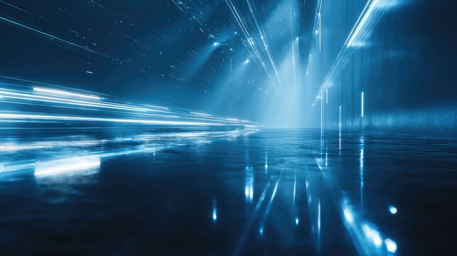 Abstract blue light trails moving across dark reflective surface - Powered by Adobe