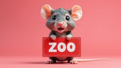 A mouse holds a sign saying 'zoo' in a compact and straightforward description