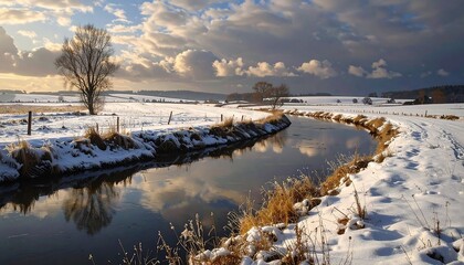 A serene winter scene with a winding river reflects the cloudy sky. Snow blankets the banks and fields, under a dramatic, sunlit sky