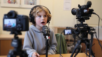 Child with light hair wearing headphones sitting and speaking, audio recording, blogging concept
