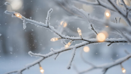 Obraz premium Winter, Snow, Branches, Fairy Lights, Cold, Holiday, Decoration, Seasonal, Atmosphere