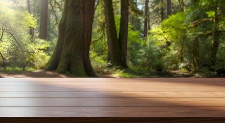 Natural Wood Tabletop Against a Sunny, Blurred Deep Forest Scene