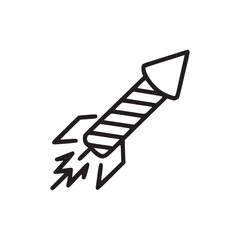 A simple line drawing of a rocket with flames shooting out from the bottom on a white background