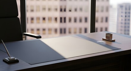 Empty Executive Office with Wooden Desk, Chair, and Blurred Cityscape