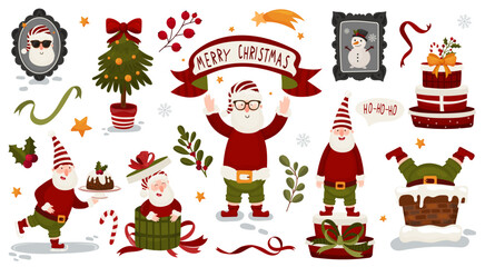 A cheerful winter collection of Christmas Gnome Clipart Set - Cute Holiday Santa Elves, Santa-style characters, wrapped gifts, festive greenery, winter desserts, ribbons, stars and seasonal decor