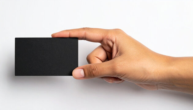 Hand holding blank black business card mockup