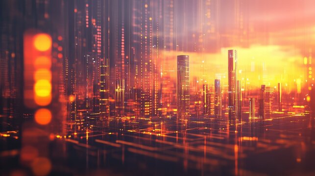 Futuristic smart city with glowing digital data connecting buildings