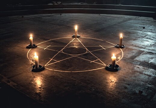 Dimly lit, pentagram drawn on worn wooden floor, adorned with lit candles