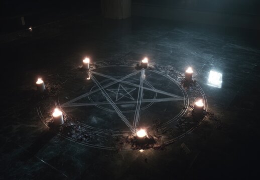 Low-lit scene; a dark, pentagram ritual is set up with candles on an aged, polished floor