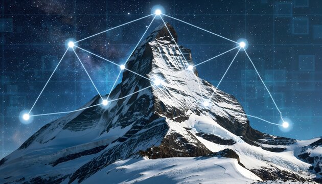 High-contrast composite of a snowy mountain peak under a star-filled sky, overlaid with a bright blue geometric polygonal network. Blockchain or data connection theme