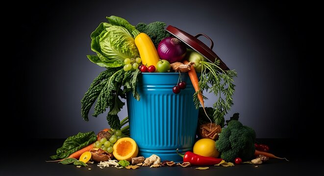 Blue trash can overflowing with fresh vegetables and fruits 1
