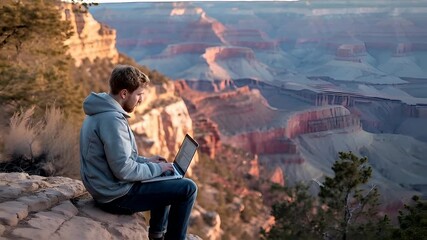 A man in a blue hoodie sits on a rocky outcrop, engrossed in his laptop against a backdrop of a vast canyon.