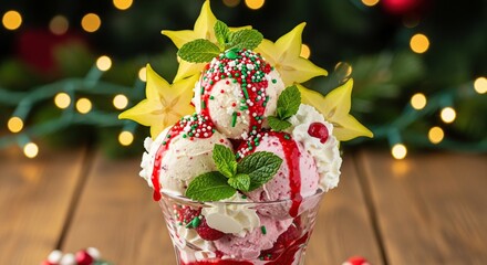Festive christmas ice cream sundae topped with starfruit and mint leaves adorned with red syrup and sprinkles against a bokeh background of twinkling fairy lights