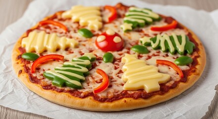 Festive christmas tree shaped pizza topped with cheese and vegetables for a holiday celebration meal