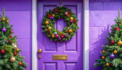 Fototapeta premium A vibrant purple door with a festive Christmas wreath and flanking decorated fir trees