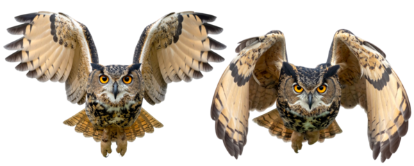 Tribal-Inspired Octopus Creature with Skull Symbols, Owl Eyes, and Decorative Wings,.jpg - Front View of Soaring Owl with Bright Eyes, Mystical Forest Bird Concept, Isolated on Transparent