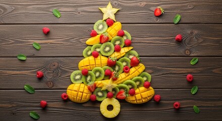 Creative christmas tree shape made from fresh tropical fruits like mangoes kiwi strawberries and raspberries decorated on a rustic wooden background