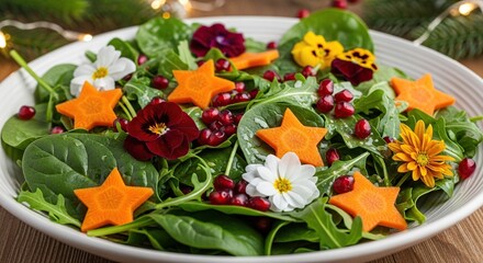 Festive and colorful salad with star shaped carrots edible flowers and pomegranate seeds perfect for holiday celebrations and healthy eating