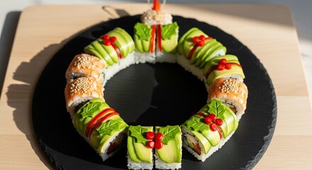 Festive christmas sushi wreath made with fresh ingredients and arranged in a circular shape for a holiday celebration