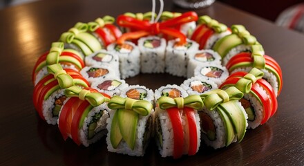 Festive christmas wreath made of sushi rolls decorated with red and green ingredients and a red bow for a holiday celebration