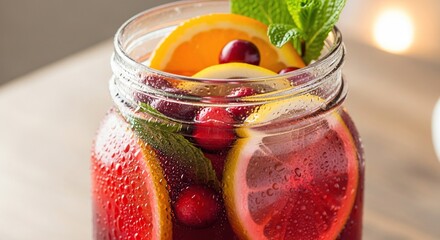 Refreshing cranberry orange lemon infused water with mint in a mason jar on a wooden table