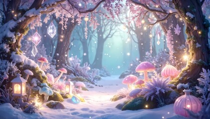 Magical Winter Forest with Glowing Mushrooms and Lanterns