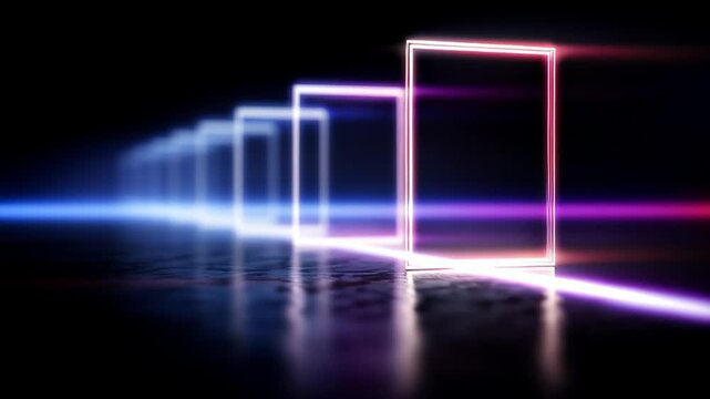 Vibrant neon light boxes creating a futuristic atmosphere in a dark setting