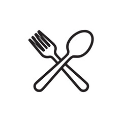 A simple black outline of a fork and spoon crossed on a white background in a minimalist style