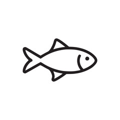 A simple black outline drawing of a fish with fins and a tail on a plain white background isolated