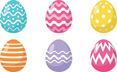 Set of Six Colorful Decorative Easter Eggs with Wavy, Striped, and Polka Dot Patterns, Representing Spring Holiday and Celebration Vector Illustration