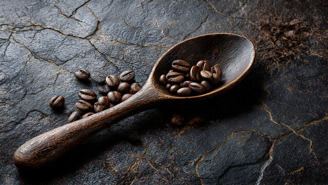 Photorealistic wooden spoon with coffee beans on terra cotta pottery background, Mediterranean rustic style