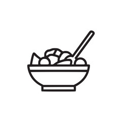 A simple line drawing of a bowl filled with food and a spoon resting inside, isolated on white