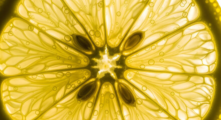 Vibrant backlit lemon slice with juicy bubbles for summer drink ads and fresh food designs, a healthy citrus symbol of refreshment and vitality