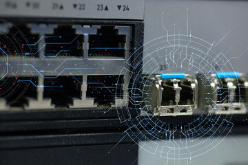A detailed macro shot of illuminated SFP fiber optic ports on an advanced network switch, symbolizing the high-speed data streams powering a modern data center infrastructure.