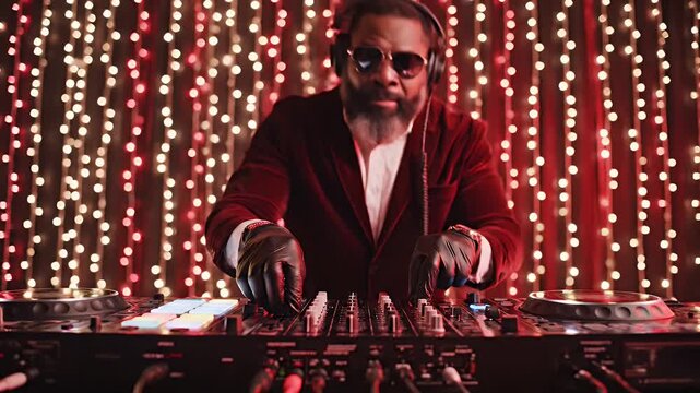 Male DJ Mixing Music at Party in Red Suit Against Red String Lights Background