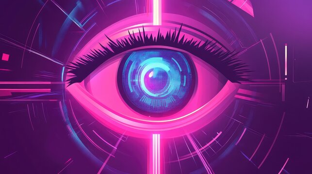 Cybernetic eye looking ahead with digital technology