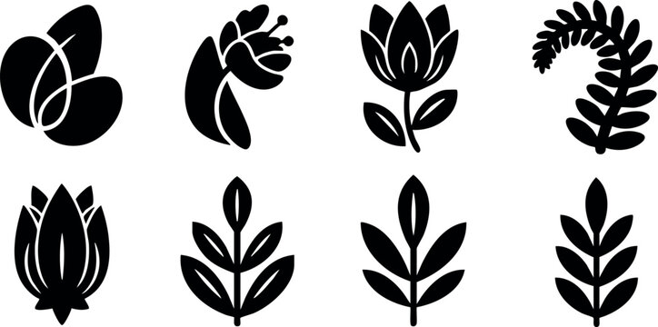 Collection of simple black botanical leaf and flower vector icons in minimalistic style for design projects and nature themes