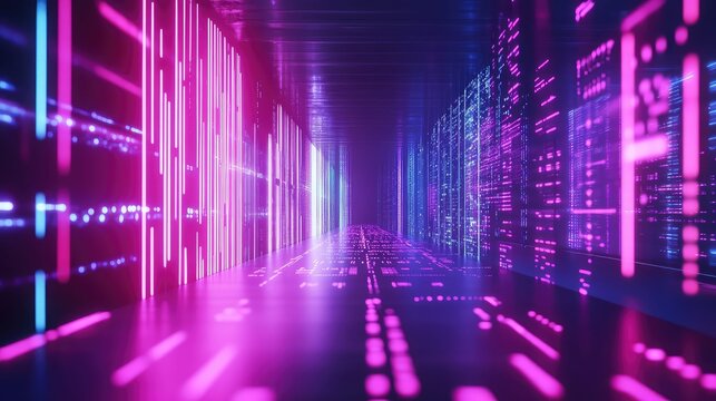 Glowing data corridor representing future digital server technology