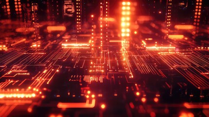 Circuit board glowing red light data stream