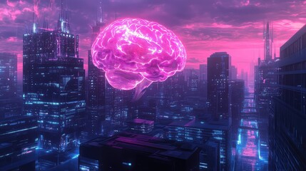 Brain power illuminating futuristic city at vibrant sunset